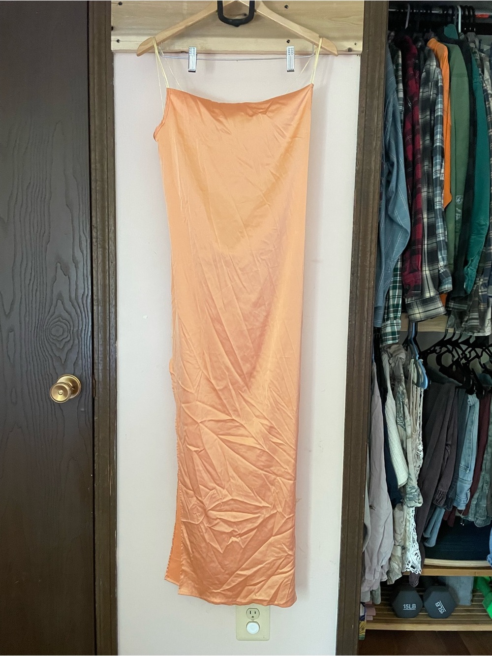 Long Slit Satin Maxi Dress in Peach Orange - Picture 4 of 8